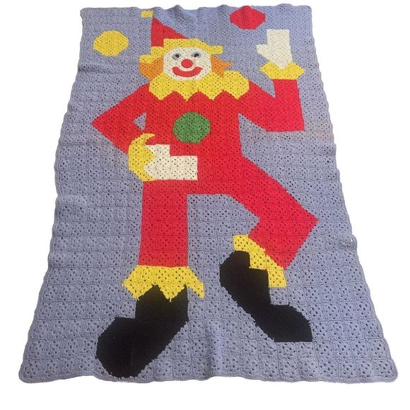 Vntg Handmade Granny Square Afghan Clown Blue Red Yellow Green 70inx45in Kids - Picture 1 of 2